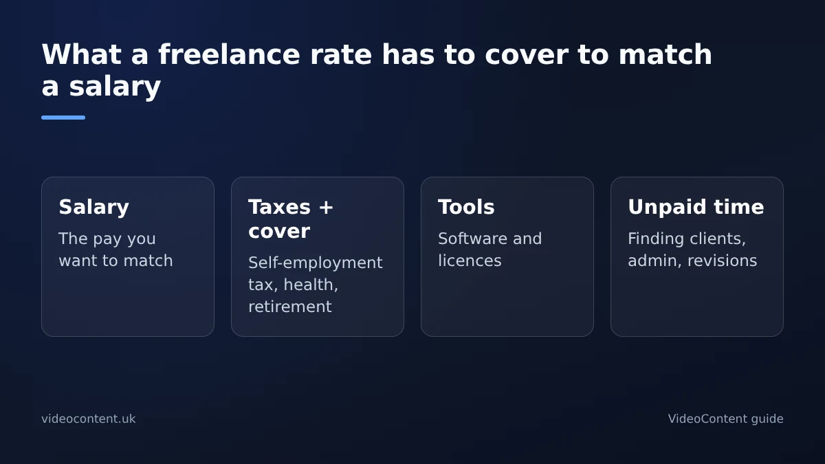 Comparison of what a freelance AI content creator must earn to match a salaried marketing job: the salary itself, plus self-employment taxes, health cover and benefits, tools and software, and unpaid time spent finding clients and doing admin.