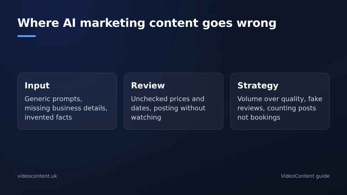 Diagram of the most common AI marketing mistakes grouped into three stages: input mistakes such as generic prompts and missing business details, review mistakes such as unchecked facts and posting without watching, and strategy mistakes such as chasing volume, faking reviews and measuring posts instead of bookings.