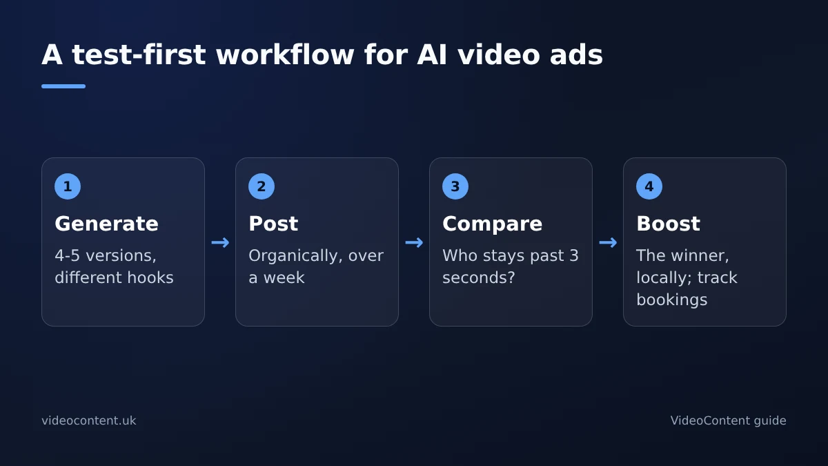 Workflow for AI video ads: generate several hook variations, post them organically, compare which holds viewers past the first three seconds, then put a small paid boost behind the winner and track bookings, not views.