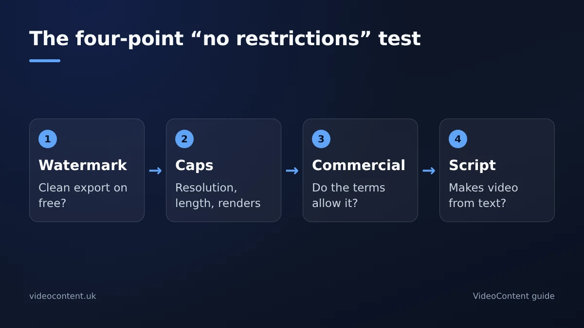 Four-point test for a free AI video generator: check for a watermark on exports, caps on resolution, length or renders, whether the terms allow commercial use, and whether the tool turns a script into a video; a tool is only unrestricted if it passes all four.