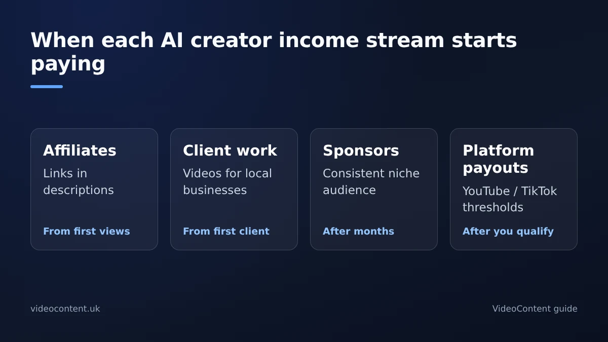 Diagram of the main income streams for AI content creators and when each typically starts paying: affiliate links from the first views, client work for local businesses as soon as you find a client, sponsorships once a niche audience is consistent, and platform payouts only after reaching program thresholds.