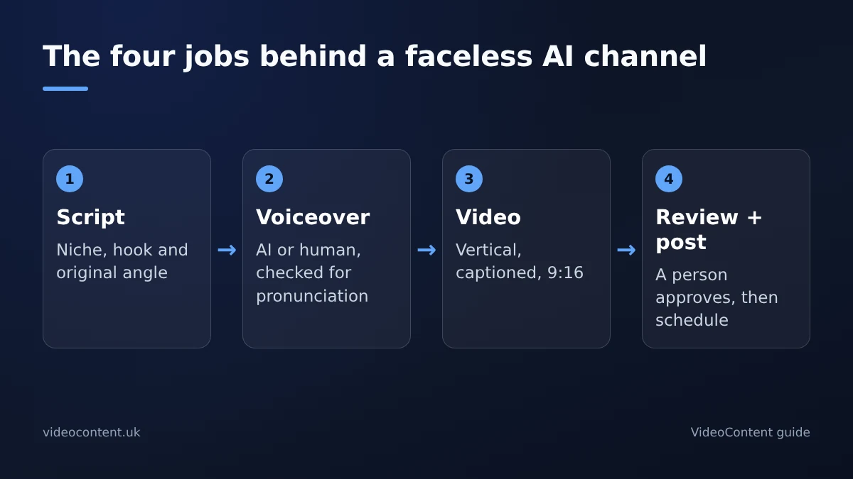 Diagram of the four jobs behind a faceless AI YouTube channel: writing the script and hook, generating the voiceover, making the vertical video with captions, and reviewing then posting on a schedule, with human review as the step that keeps the channel monetizable.