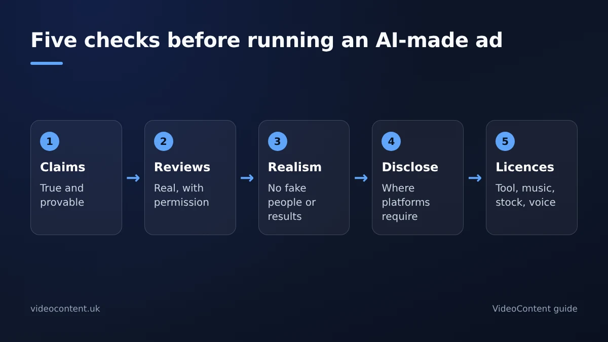 Checklist for using AI-generated content in ads: confirm claims are true, use no fake reviews or testimonials, show no AI people or results as real, add platform disclosures where required, and confirm licenses for the AI tool, music and stock.