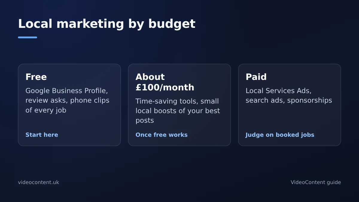 Diagram of local business marketing by budget: a free tier with Google Business Profile, review requests and phone-shot job videos; an around £100 a month tier with time-saving tools and small local boosts; and a paid tier with Local Services Ads, search ads and sponsorships, all judged on booked jobs.