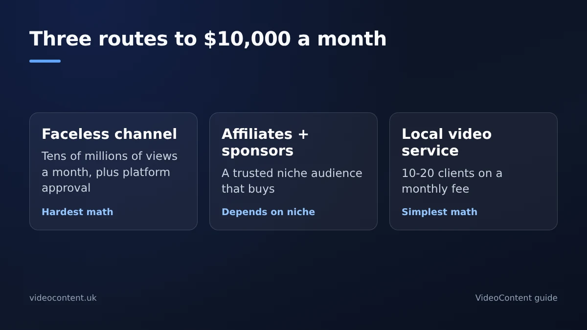 Comparison of three routes to 10,000 dollars a month with AI content: a faceless channel needing very large monthly views and platform approval, affiliates and sponsors needing a trusted niche audience, and a video service for local businesses needing a modest number of clients paying a monthly fee.
