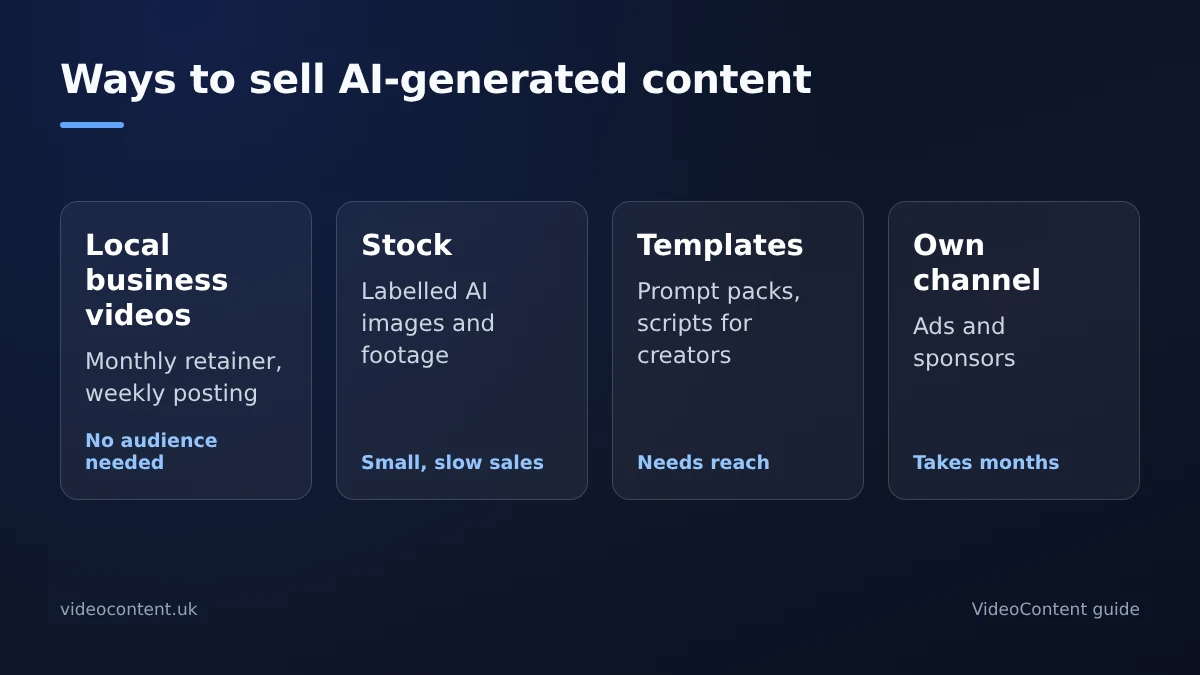 Diagram of ways to sell AI-generated content: short videos for local businesses on a monthly retainer, stock images and footage on sites that accept labelled AI content, templates and prompt packs, and content for your own channel, with the client-video route needing the least audience to start.